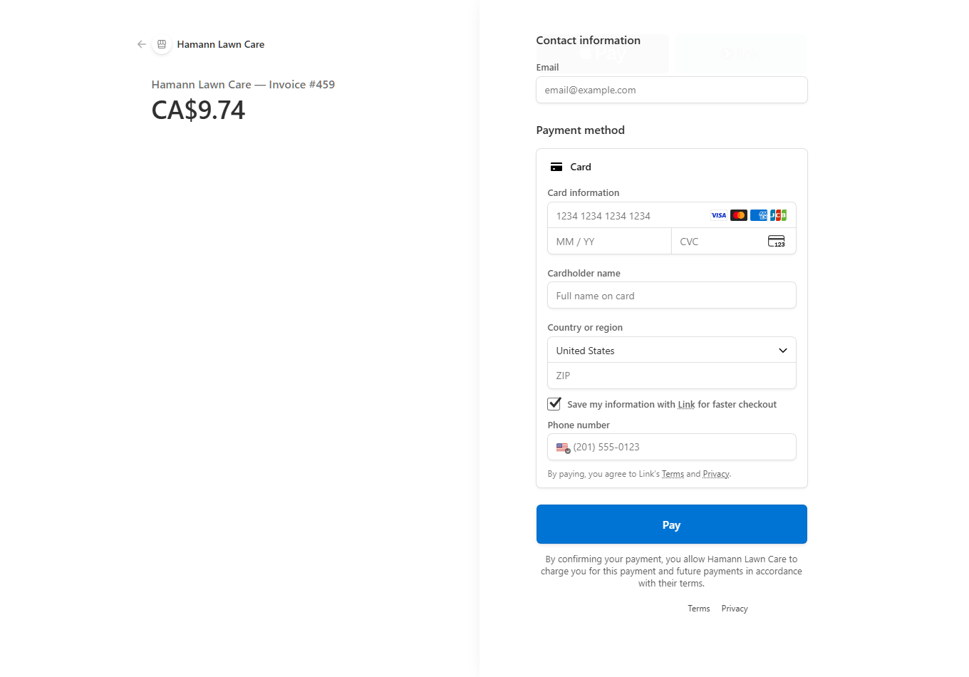 Payment page for Hamann Lawn Care Invoice #459 charging CA$9.74 in Canadian dollars