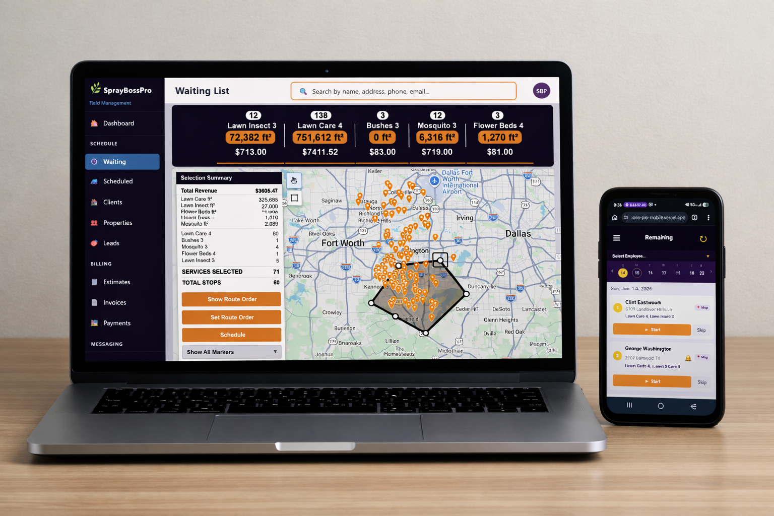 SprayBossPro mosquito control software dashboard showing route scheduling, waiting list, and technician mobile app