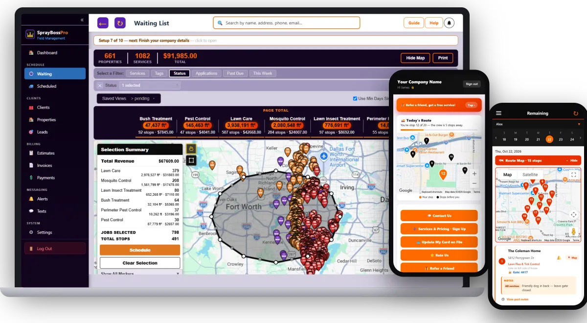 SprayBossPro software on a laptop with the client app and crew app on phones