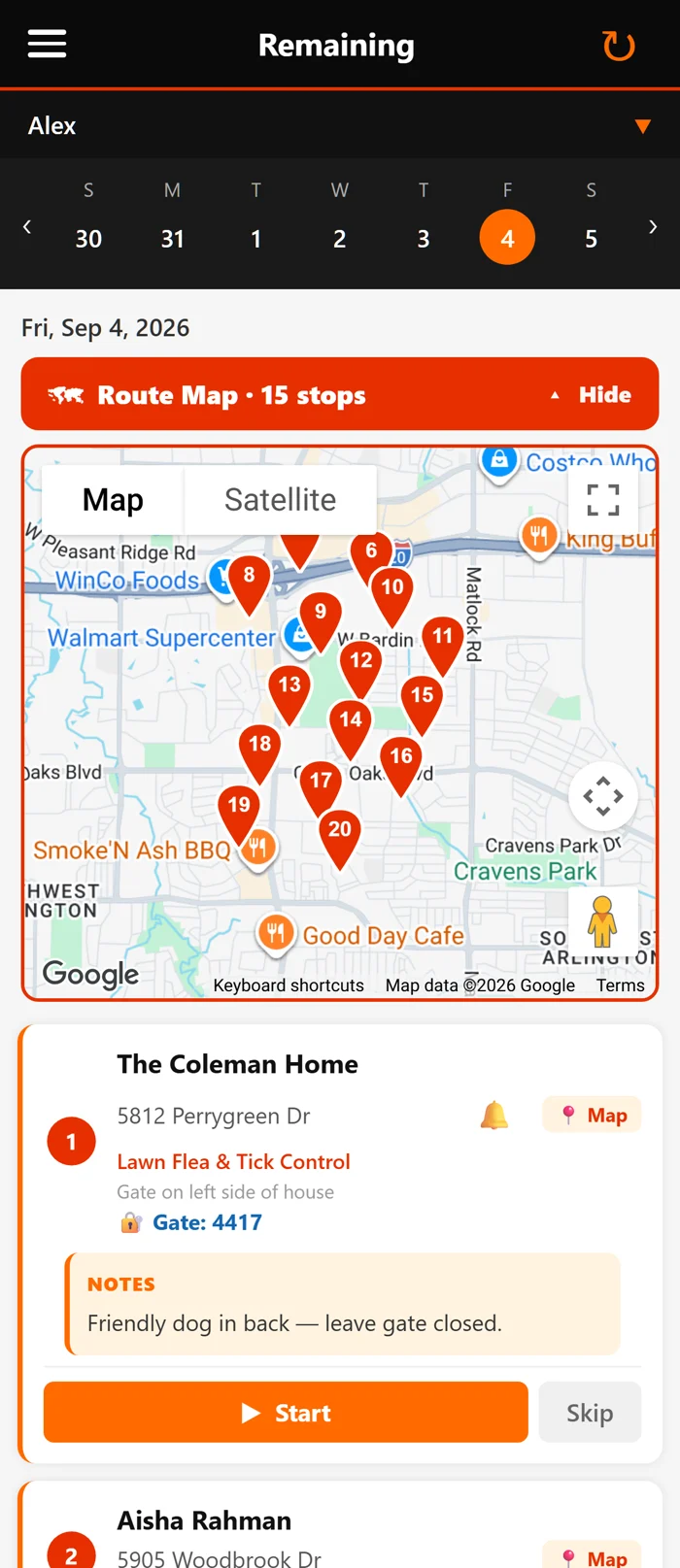 The crew app: the day's route on the map, then the first stop with its gate code, notes and Start button