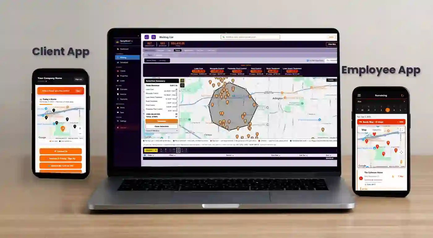 SprayBossPro on a laptop with the client app and the crew app on two phones