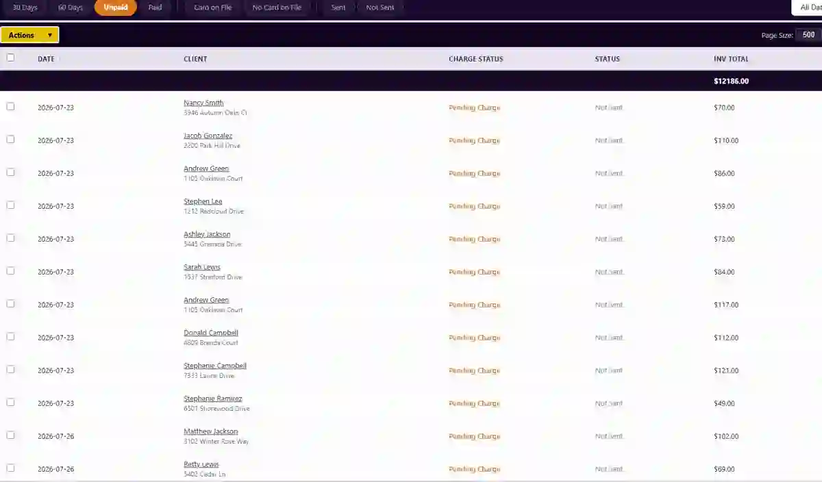 The invoice list with charge status on every row