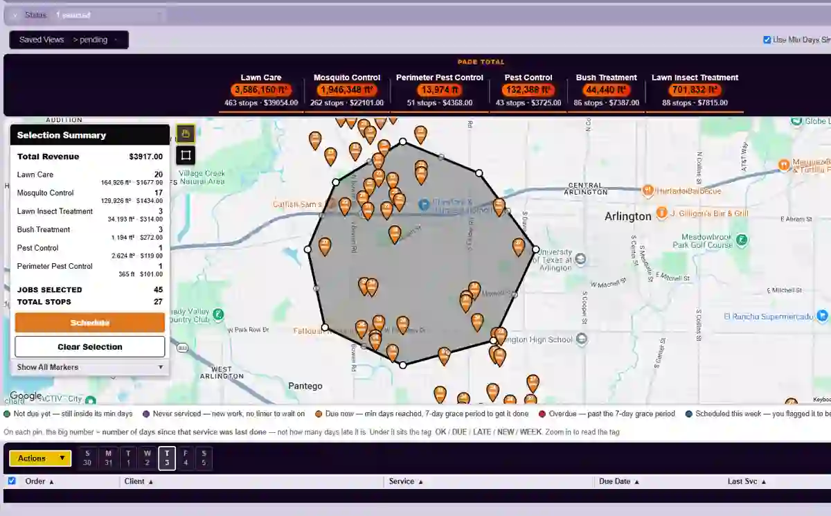 SprayBossPro waiting list with a lasso drawn around a neighbourhood and the Selection Summary open